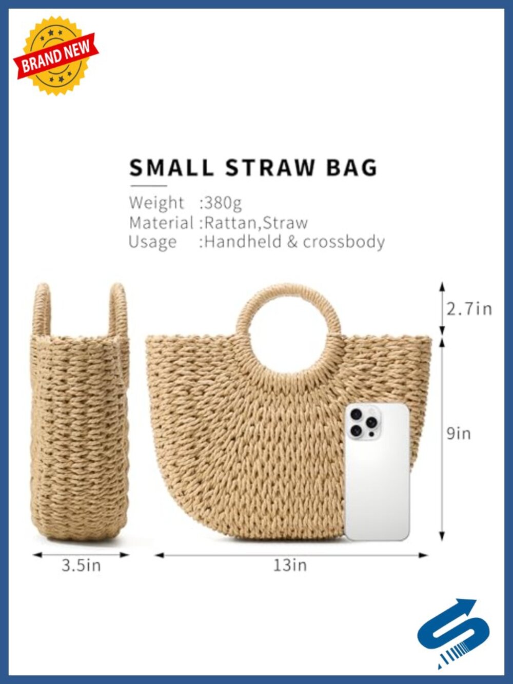 Handwoven Straw Rattan Crossbody Tote Beach Bag with Drawstring - Picture 3 of 6